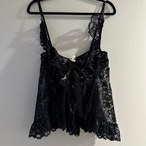 Shirley of Hollywood Black Lace Babydoll Chemise Top L Ruffle Ribbon Bow